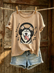 T-shirt décontracté à manches courtes pour femme, imprimé d’un mignon motif de chien