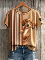 Peeking Dachshund Dog & Paw Print Colorblock T-shirt à manches courtes pour femme