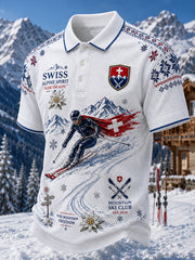 Polo homme à manches courtes, en maille gaufre texturée, imprimé sur le thème du ski