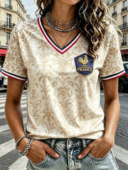 T-shirt Femme Coq de Football Français Imprimé Floral Blanc Cassé Col V
