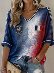 T-shirt à manches mi-longues et col en V pour femme France Football