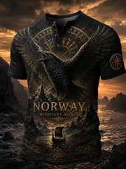 T-shirt décontracté à col Henri IV, imprimé d’art rétro de style viking nordique norvégien