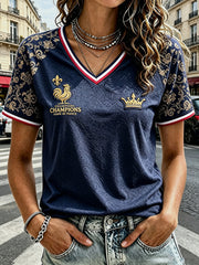 T-shirt à col en V décontracté Vintage bleu marine à imprimé floral pour femmes