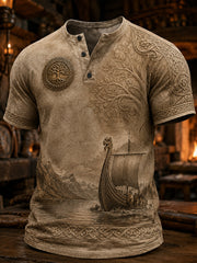 T-shirt décontracté à col Henri IV, imprimé d’art rétro de style viking nordique norvégien