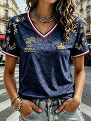 T-shirt décontracté col en V à imprimé coq de football français bleu marine vintage pour femme