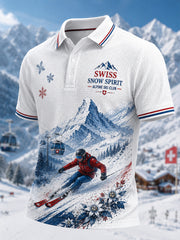 Polo à manches courtes texturé gaufré décontracté imprimé sur le thème du ski pour hommes