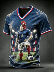 T-shirt à col en V décontracté imprimé coq de football français bleu pour hommes