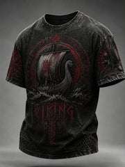 T-shirt rétro pour homme à manches courtes, imprimé motifs vikings