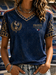 T-shirt manches courtes col V imprimé rétro France Football pour homme