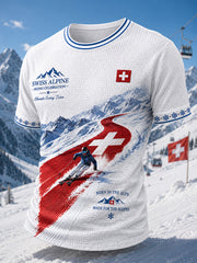 T-shirt décontracté à manches courtes pour homme, imprimé sur le thème du ski, à texture gaufre