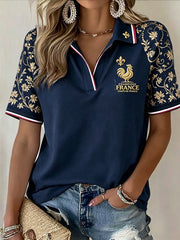 T-shirt de polo à col en V décontracté imprimé floral Coq de France bleu marine vintage pour femme