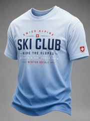 T-shirt décontracté à manches courtes pour homme, imprimé sur le thème du ski, à texture gaufre