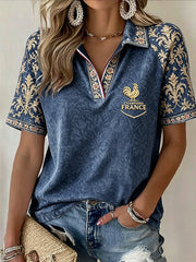 Femmes Bleu Vintage Football Français Imprimé Floral Casual V-cou Polo T-shirt
