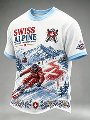 T-shirt à manches courtes texturé gaufré imprimé sur le thème du ski pour hommes