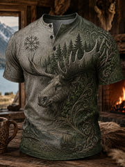 Chemise Henley décontractée à imprimé artistique de style nordique Viking norvégien rétro