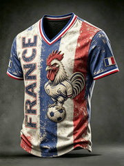 T-shirt à col en V décontracté imprimé coq de football français vintage pour hommes