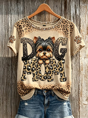 Femmes Peeking Yorkshire Terrier Chien Maman Patte Imprimé Léopard T-shirt à manches courtes