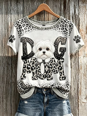 Peeking Maltese Dog Mom Paw Prints T-shirt imprimé léopard à manches courtes pour femmes