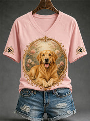 T-shirt décontracté à col en V pour femmes, imprimé chien rétro