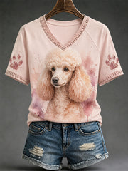 T-shirt décontracté à col en V pour femmes, motif aquarelle mignon d’un chien, idée cadeau pour les amoureux des animaux