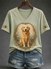 T-shirt décontracté à col en V pour femmes, imprimé chien rétro