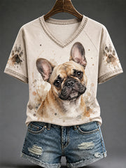 T-shirt décontracté à col en V pour femmes, motif aquarelle mignon d’un chien, idée cadeau pour les amoureux des animaux
