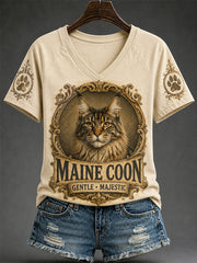 Tee-shirt à col en V rétro imprimé chat pour femmes