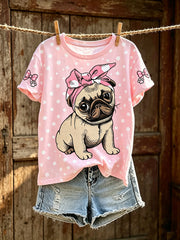 T-shirt décontracté à manches courtes pour femme, imprimé d’un mignon motif de chien