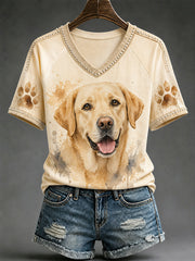 T-shirt décontracté à col en V pour femmes, motif aquarelle mignon d’un chien, idée cadeau pour les amoureux des animaux
