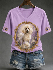 T-shirt décontracté à col en V pour femmes, imprimé chien rétro