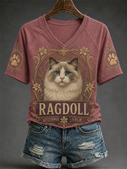 T-shirt décontracté à col en V pour femme, imprimé chat rétro