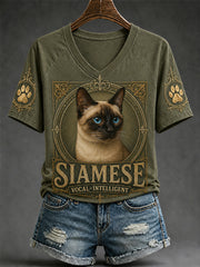 T-shirt décontracté à col en V pour femme, imprimé chat rétro