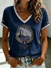 T-shirt à col en V imprimé celtique de Bretagne pour femmes