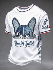 T-shirt décontracté pour homme, en denim, motif patchwork bouledogue, pour la Fête nationale française