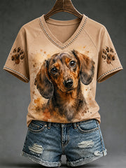 T-shirt décontracté à col en V pour femmes, motif aquarelle mignon d’un chien, idée cadeau pour les amoureux des animaux