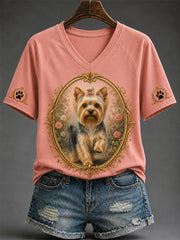 T-shirt décontracté à col en V pour femmes, imprimé chien rétro