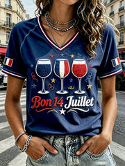 T-shirt décontracté à col en V pour femmes, bleu foncé, imprimé Fête nationale française