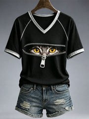 T-shirt à col en V Funny Cat Femme