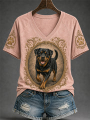 T-shirt décontracté à col en V pour femmes, imprimé chien rétro