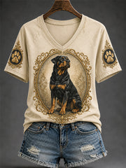 T-shirt décontracté à col en V pour femmes, imprimé chien rétro