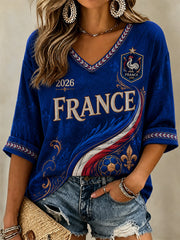 Cadeau pour femme pour les fans de football Imprimer Casual V-Neck Tee