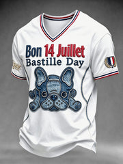 T-shirt décontracté à col en V pour hommes, en denim, avec imprimé bouledogue français, pour la Fête nationale française du 14 juillet