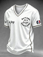 T-shirt décontracté à col en V pour hommes, blanc, imprimé du 14 juillet, fête nationale française