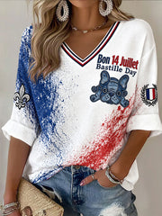 T-shirt décontracté à col en V pour femme, en jean, imprimé bouledogue français façon graffiti, pour la Fête nationale française