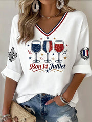 T-shirt blanc pour femme «Jour de la Bastille» du 14 juillet, imprimé sur verre, décontracté, col en V