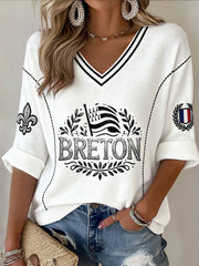 T-shirt décontracté à col en V pour femme, imprimé Bretagne française