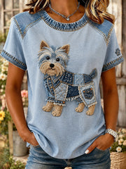 Mignon Retro Puppy Collage Imprimer T-shirt à manches courtes Casual des femmes