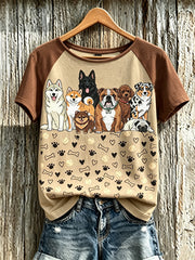 T-shirt à manches courtes et col rond pour femme, imprimé motif chien