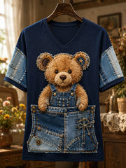 Vintage Denim Patchwork Bear V-Neck T-shirt Femme