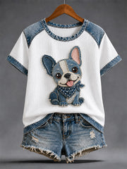T-shirt décontracté en denim à patchwork et imprimé chien pour femme